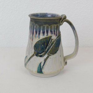 Art Pottery Studio Handcrafted Coffee Cup Mug Stein Pitcher Vase Blue Tulips Vtg